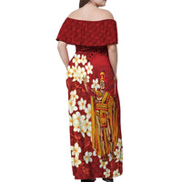 Hawaii King Kamehameha Off Shoulder Maxi Dress Plumeria Lauhala Pattern