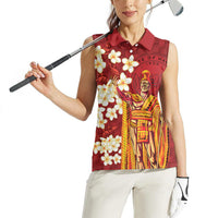 Hawaii King Kamehameha Women Sleeveless Polo Shirt Plumeria Lauhala Pattern