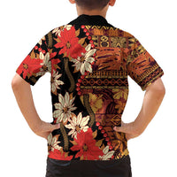 Hawaii Christmas Poinsettia Lei Family Matching Off Shoulder Short Dress and Hawaiian Shirt Tapa Pattern - Polynesian Pride