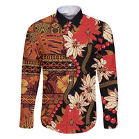 Hawaii Christmas Poinsettia Lei Family Matching Puletasi and Hawaiian Shirt Tapa Pattern LT01 Dad's Shirt - Long Sleeve Brown - Polynesian Pride