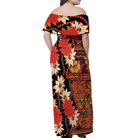 Hawaii Christmas Poinsettia Lei Off Shoulder Maxi Dress Tapa Pattern - Polynesian Pride