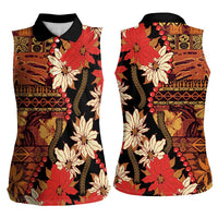 Hawaii Christmas Poinsettia Lei Women Sleeveless Polo Shirt Tapa Pattern - Polynesian Pride