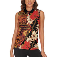 Hawaii Christmas Poinsettia Lei Women Sleeveless Polo Shirt Tapa Pattern - Polynesian Pride
