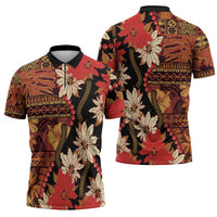 Hawaii Christmas Poinsettia Lei Zipper Polo Shirt Tapa Pattern - Polynesian Pride
