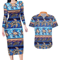 Hawaii Turtles Pattern Special Blue Couples Matching Long Sleeve Bodycon Dress and Hawaiian Shirt - Polynesian Pride