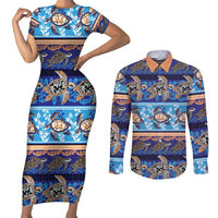 Hawaii Turtles Pattern Special Blue Couples Matching Short Sleeve Bodycon Dress and Long Sleeve Button Shirt - Polynesian Pride
