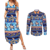 Hawaii Turtles Pattern Special Blue Couples Matching Summer Maxi Dress and Long Sleeve Button Shirt - Polynesian Pride