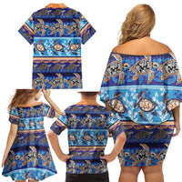 Hawaii Turtles Pattern Special Blue Family Matching Off Shoulder Short Dress and Hawaiian Shirt - Polynesian Pride