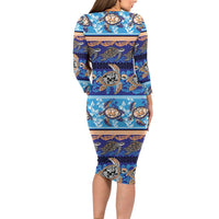 Hawaii Turtles Pattern Special Blue Long Sleeve Bodycon Dress - Polynesian Pride