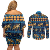Hawaii Turtles Starfish Unique Pattern Couples Matching Off Shoulder Short Dress and Long Sleeve Button Shirt - Polynesian Pride