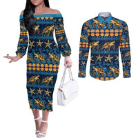 Hawaii Turtles Starfish Unique Pattern Couples Matching Off The Shoulder Long Sleeve Dress and Long Sleeve Button Shirt - Polynesian Pride