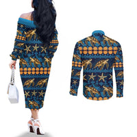 Hawaii Turtles Starfish Unique Pattern Couples Matching Off The Shoulder Long Sleeve Dress and Long Sleeve Button Shirt - Polynesian Pride