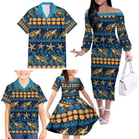 Hawaii Turtles Starfish Unique Pattern Family Matching Off The Shoulder Long Sleeve Dress and Hawaiian Shirt - Polynesian Pride