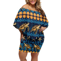 Hawaii Turtles Starfish Unique Pattern Family Matching Off Shoulder Short Dress and Hawaiian Shirt - Polynesian Pride
