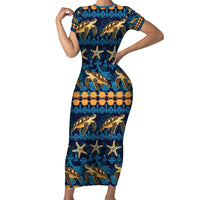 Hawaii Turtles Starfish Unique Pattern Family Matching Short Sleeve Bodycon Dress and Hawaiian Shirt - Polynesian Pride