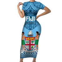 Fiji Rugby Short Sleeve Bodycon Dress Fijian Go 2023 World Cup LT01 Long Dress Blue - Polynesian Pride