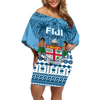 Custom Fiji Rugby Off Shoulder Short Dress Fijian Go 2023 World Cup LT01 Women Blue - Polynesian Pride