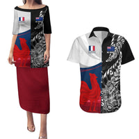 Custom New Zealand And France Rugby Couples Matching Puletasi Dress and Hawaiian Shirt XV de France Kiwi Silver Fern 2023 World Cup LT01 Black - Polynesian Pride