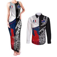 Custom New Zealand And France Rugby Couples Matching Tank Maxi Dress and Long Sleeve Button Shirts XV de France Kiwi Silver Fern 2023 World Cup LT01 Black - Polynesian Pride