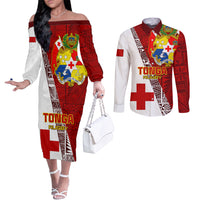 Custom Tonga Rugby Couples Matching Off The Shoulder Long Sleeve Dress and Long Sleeve Button Shirts Tongan Go 2023 World Cup LT01 Red - Polynesian Pride