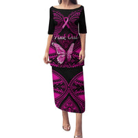 Personalised Pink Out Puletasi Breast Cancer Awareness Polynesian Pattern Black Version LT01 Long Dress Black - Polynesian Pride