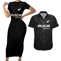Custom Football New Zealand Couples Matching Short Sleeve Bodycon Dress and Hawaiian Shirt Aotearoa United Black Version - Polynesian Pride