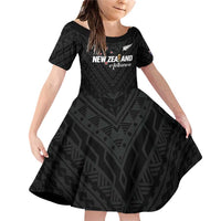 Custom Football New Zealand Family Matching Off Shoulder Short Dress and Hawaiian Shirt Aotearoa United Black Version - Polynesian Pride