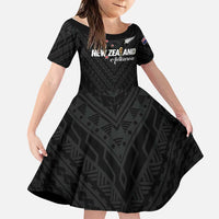 Custom Football New Zealand Family Matching Off Shoulder Short Dress and Hawaiian Shirt Aotearoa United Black Version LT01 Daughter's Dress Black - Polynesian Pride