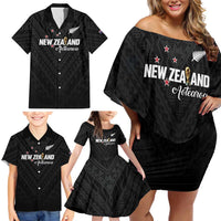 Custom Football New Zealand Family Matching Off Shoulder Short Dress and Hawaiian Shirt Aotearoa United Black Version - Polynesian Pride