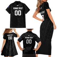 Custom Football New Zealand Family Matching Short Sleeve Bodycon Dress and Hawaiian Shirt Aotearoa United Black Version LT01 - Polynesian Pride
