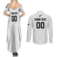 Custom Football New Zealand Couples Matching Summer Maxi Dress and Long Sleeve Button Shirt Aotearoa United White Version - Polynesian Pride