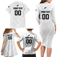 Custom Football New Zealand Family Matching Long Sleeve Bodycon Dress and Hawaiian Shirt Aotearoa United White Version LT01 - Polynesian Pride