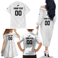 Custom Football New Zealand Family Matching Off The Shoulder Long Sleeve Dress and Hawaiian Shirt Aotearoa United White Version - Polynesian Pride