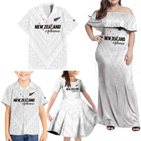 Custom Football New Zealand Family Matching Off Shoulder Maxi Dress and Hawaiian Shirt Aotearoa United White Version - Polynesian Pride