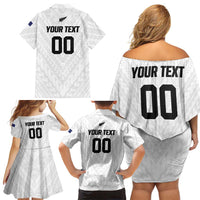 Custom Football New Zealand Family Matching Off Shoulder Short Dress and Hawaiian Shirt Aotearoa United White Version LT01 - Polynesian Pride