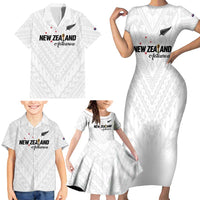 Custom Football New Zealand Family Matching Short Sleeve Bodycon Dress and Hawaiian Shirt Aotearoa United White Version - Polynesian Pride