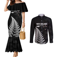 Personalised New Zealand 2025 Archery Couples Matching Mermaid Dress and Long Sleeve Button Shirt Aotearoa Silver Arrows Black LT01 Black - Polynesian Pride