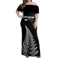 Personalised New Zealand 2025 Archery Off Shoulder Maxi Dress Aotearoa Silver Arrows Black