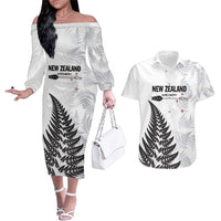 Personalised New Zealand 2025 Archery Couples Matching Off The Shoulder Long Sleeve Dress and Hawaiian Shirt Aotearoa Silver Arrows White