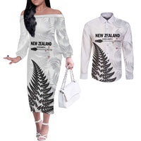 Personalised New Zealand 2025 Archery Couples Matching Off The Shoulder Long Sleeve Dress and Long Sleeve Button Shirt Aotearoa Silver Arrows White LT01 White - Polynesian Pride