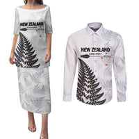 Personalised New Zealand 2025 Archery Couples Matching Puletasi and Long Sleeve Button Shirt Aotearoa Silver Arrows White LT01 White - Polynesian Pride