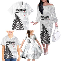 Personalised New Zealand 2025 Archery Family Matching Off The Shoulder Long Sleeve Dress and Hawaiian Shirt Aotearoa Silver Arrows White