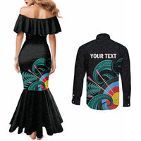 Personalised New Zealand Archery Couples Matching Mermaid Dress and Long Sleeve Button Shirt Turquoise Maori Silver Fern