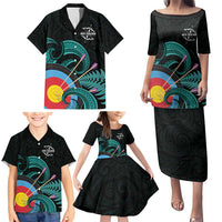 Personalised New Zealand Archery Family Matching Puletasi and Hawaiian Shirt Turquoise Maori Silver Fern