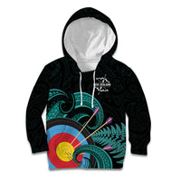Personalised New Zealand Archery Kid Hoodie Turquoise Maori Silver Fern