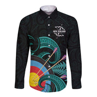 Personalised New Zealand Archery Long Sleeve Button Shirt Turquoise Maori Silver Fern