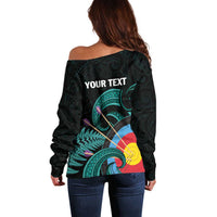 Personalised New Zealand Archery Off Shoulder Sweater Turquoise Maori Silver Fern
