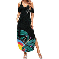 Personalised New Zealand Archery Summer Maxi Dress Turquoise Maori Silver Fern