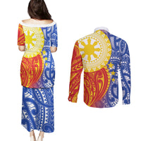 Philippines Couples Matching Puletasi and Long Sleeve Button Shirt Pilipinas Polynesian Pattern