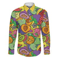 Hawaii Fruits Hippie Style Family Matching Off Shoulder Short Dress and Hawaiian Shirt Vibrant Colorful LT01 Dad's Shirt - Long Sleeve Multicolor - Polynesian Pride